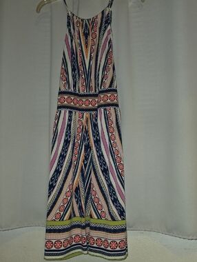 +London Times Striped Geo-Print Midi Dress in Navy, Pink, Yellow and White